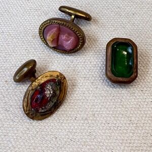 Antique‎ Mens Jewelry Lot Foil Glass & Pink Cameo Cuff Links Tie Clip